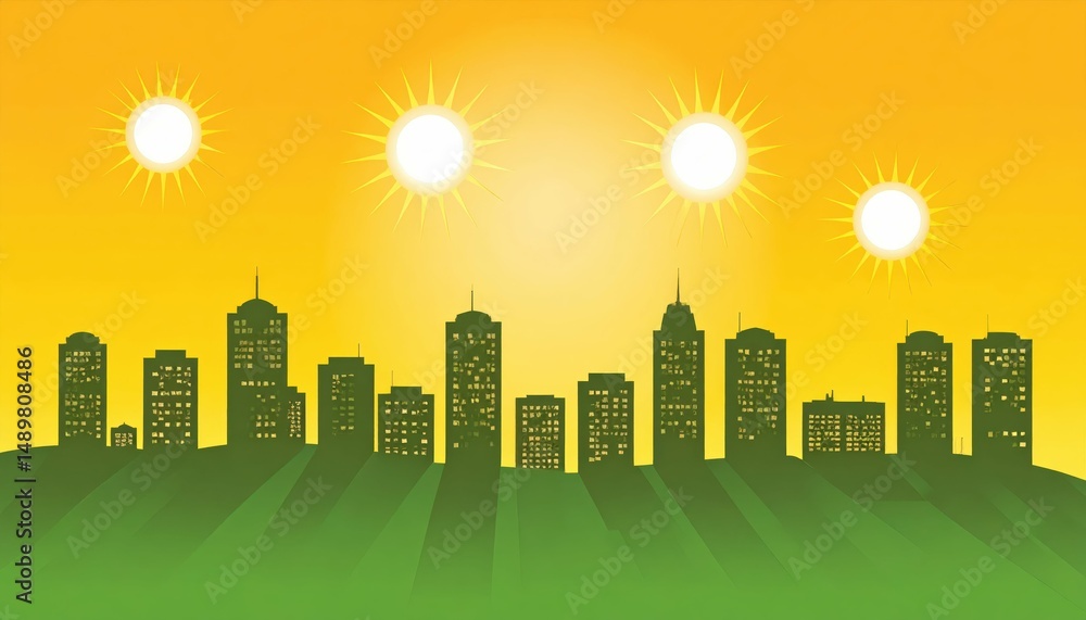 Poster sunset cityscape with multiple suns creating unique shadows
