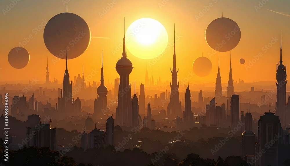 Poster surreal cityscape at dusk with multiple suns and unique shadows