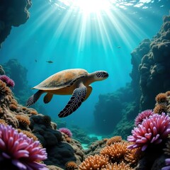 Majestic sea turtle glides through vibrant coral reef sunbeams dance underwater paradise