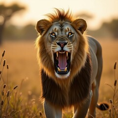 Fototapeta premium Majestic African Lion Roaring at Sunrise Golden Hour Power Wild Beauty