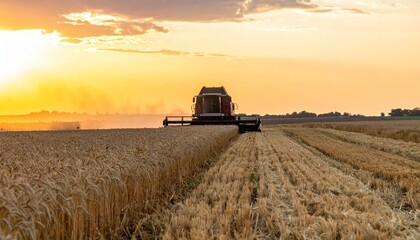 Fototapeta premium Harvest Time: Combine Harvester Working in a Golden Wheat Field at Sunset