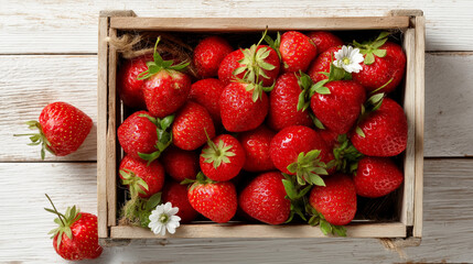 Fresh ripe red strawberry with flowers and green leaves in wooden box on white table. Food photography
