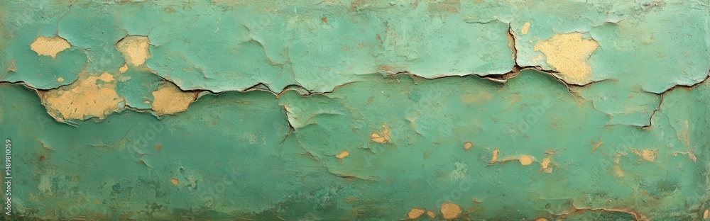 Poster crumbling paint layers creating abstract topographic feel in distressed teal and gold surface