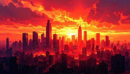 Fototapeta premium Fiery Sunset Over City Skyline with Dramatic Clouds and Colors