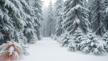 Obraz premium A snow covered path winds through a dense evergreen forest on a cold winter day, creating a serene and peaceful atmosphere.