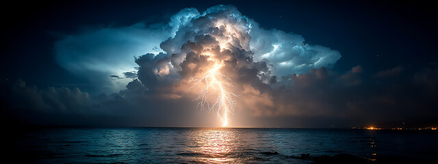 dramatic lightning storm over a dark ocean at night