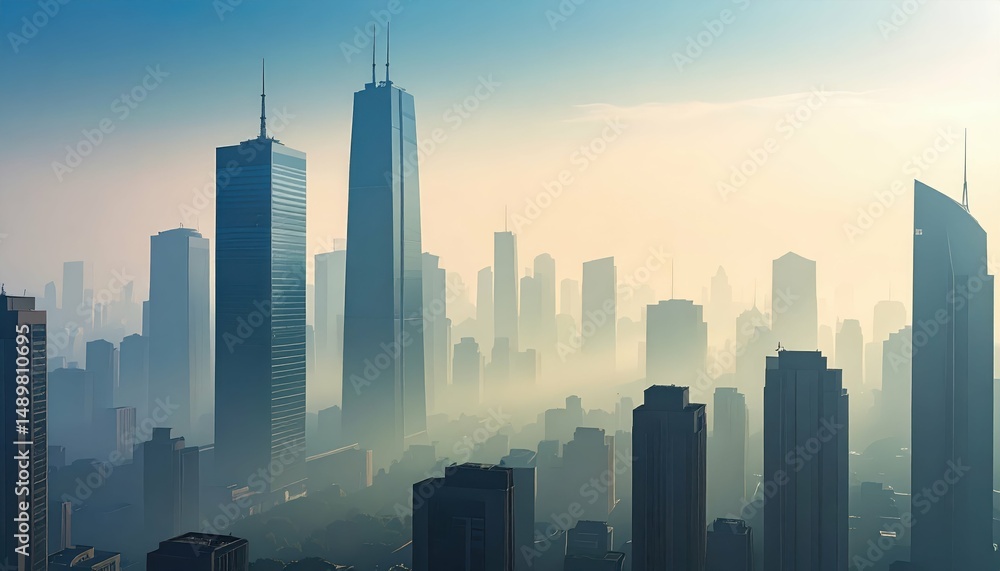 Poster atmospheric cityscape with hazy distant elements in perspective