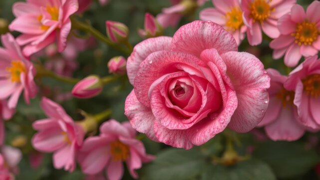 A single pink rose with dew drops blossoms beautifully among a cluster of smaller pink roses in a lush garden.