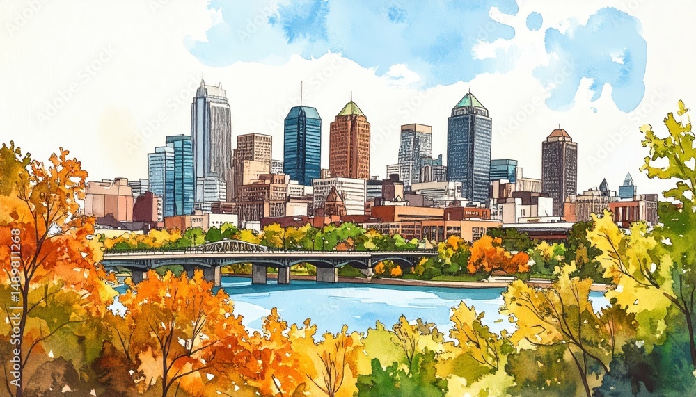 Poster vibrant cityscape with foreground elements creating depth in scene