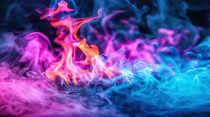 Vibrant flames in pink, blue and orange rise through swirling smoke on a dramatic black background.
