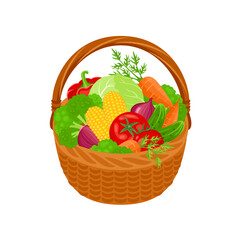 Fresh vegetables in wicker basket isolated on white background. Vector cartoon flat illustration. Organic food icon.