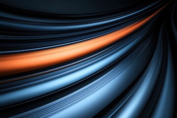 Abstract background with blue metallic curved lines and single orange streak conveying motion technology and modern futuristic design.