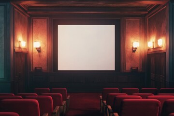 Fototapeta premium Vintage movie theater interior. Empty auditorium with red seats, ornate wall paneling, and a large blank screen