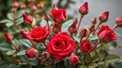 Obraz premium A vibrant cluster of blooming red roses with lush green foliage and unopened buds showcases the beauty of nature.