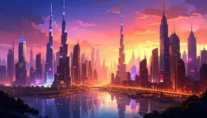 Obraz premium Vibrant Cityscape Showcasing Artistic Energy of Urban Life at Dusk