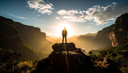 Silhouette of a person standing on a rock, facing a breathtaking sunrise over a vast mountain range, inspiring courage and resilience.