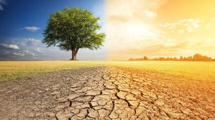 Lone tree divides lush and arid landscapes; climate change impact