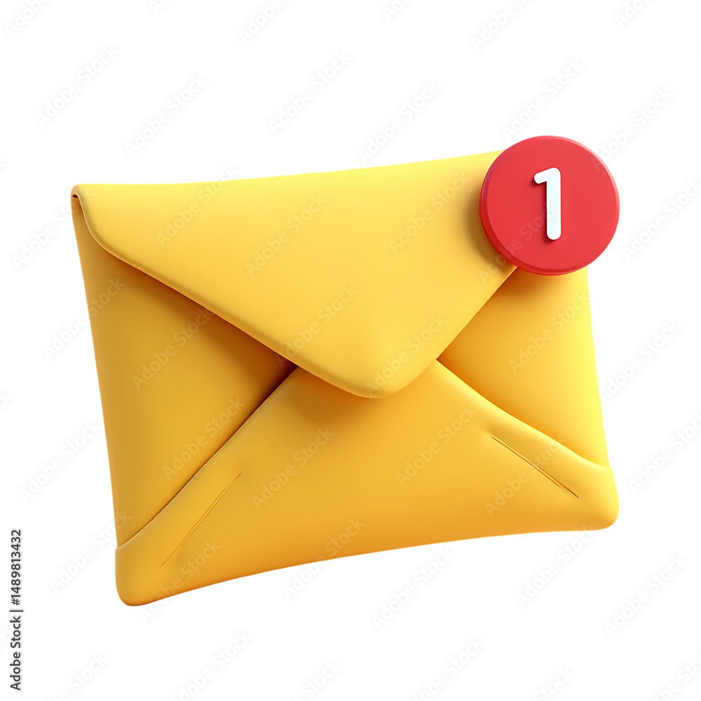 Poster a yellow envelope with a red notification circle showing the number one isolated on transparent back