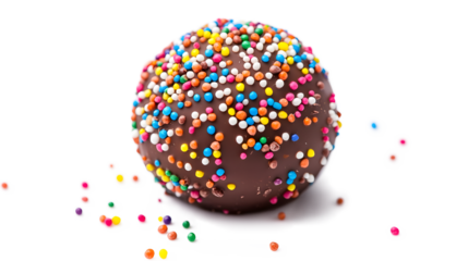 A chocolate covered candy with colorful sprinkles on top