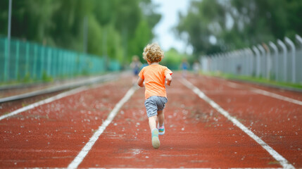 Obraz premium Small child in bright clothes running alone down an empty outdoor athletics track, full of motion, energy, and determination.