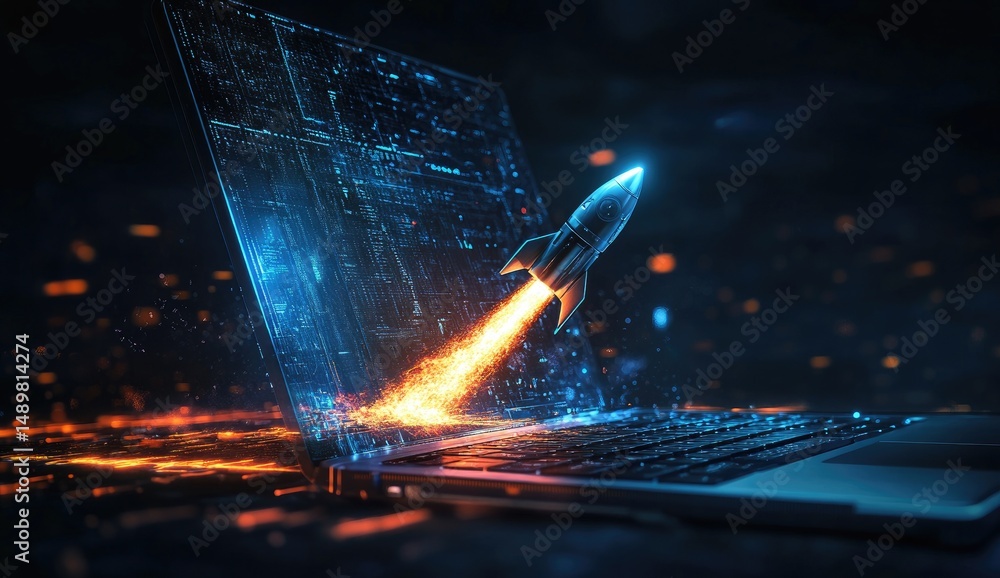Fototapete Digital rocket launch from a laptop.  A futuristic, dynamic image of a rocket launching from an open laptop screen,  filled with data and glowing with vibrant colors
