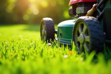 Close-up view of a lawnmower cutting vibrant green grass, sunlight illuminating the scene, small wildflowers adding a touch of natural beauty