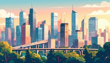 Vibrant Cityscape with Layering Elements in a Sunset Scene