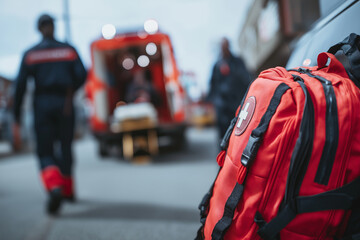 Fototapeta premium Close-up of a red backpack with a paramedic holding medical equipment in front, an emergency room background, and an ambulance van in the back. A female EMT worker wearing a unifor