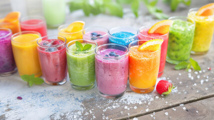 A row of vibrant fruit smoothies in clear glasses with fresh ingredients like berries, citrus, and mint on rustic wood.