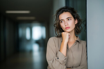 Worried young business woman at corridor office