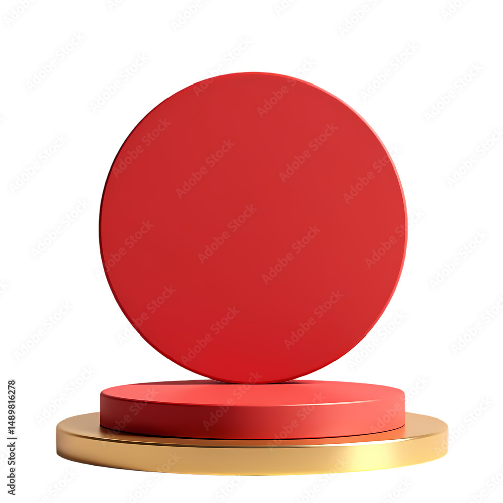 Poster a red circular object above a red and gold platform against in a studio shot isolated on transparent