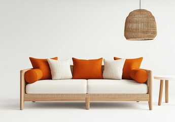 Modern, minimalist living room featuring a light beige sofa with orange accent pillows and a woven pendant lamp