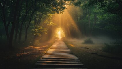 Mysterious forest pathway bathed in golden sunlight, creating a magical, peaceful ambiance perfect for nature lovers, meditation, and outdoor adventures