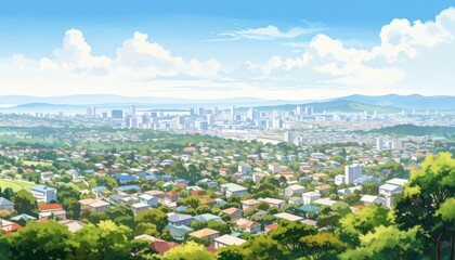 Fototapeta premium Expansive Suburban Cityscape with Lush Greenery and Clear Sky