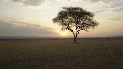 Fototapeta premium Dark Silhouette of a Tree Against Fiery Sunset Sky in a Serene Landscape
