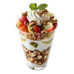Delicious Greek Yogurt Parfait featuring layers of yogurt, granola, and fresh fruits topped with whipped cream and mint leaves. isolated on white background and transparent background