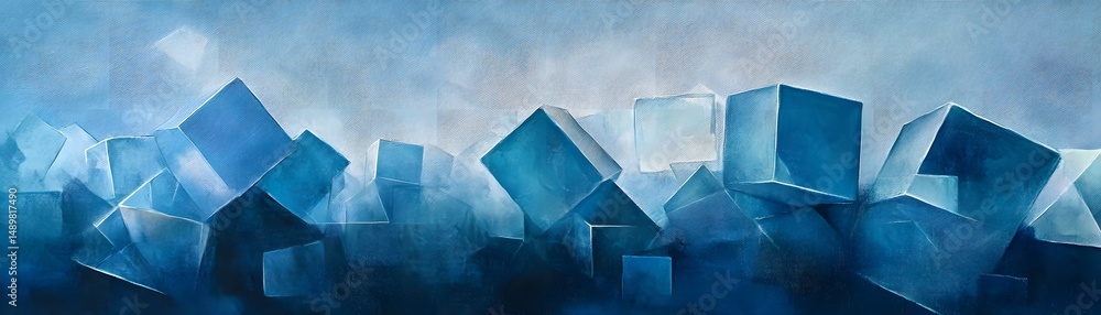 Poster abstract composition of clustered blue cubes.