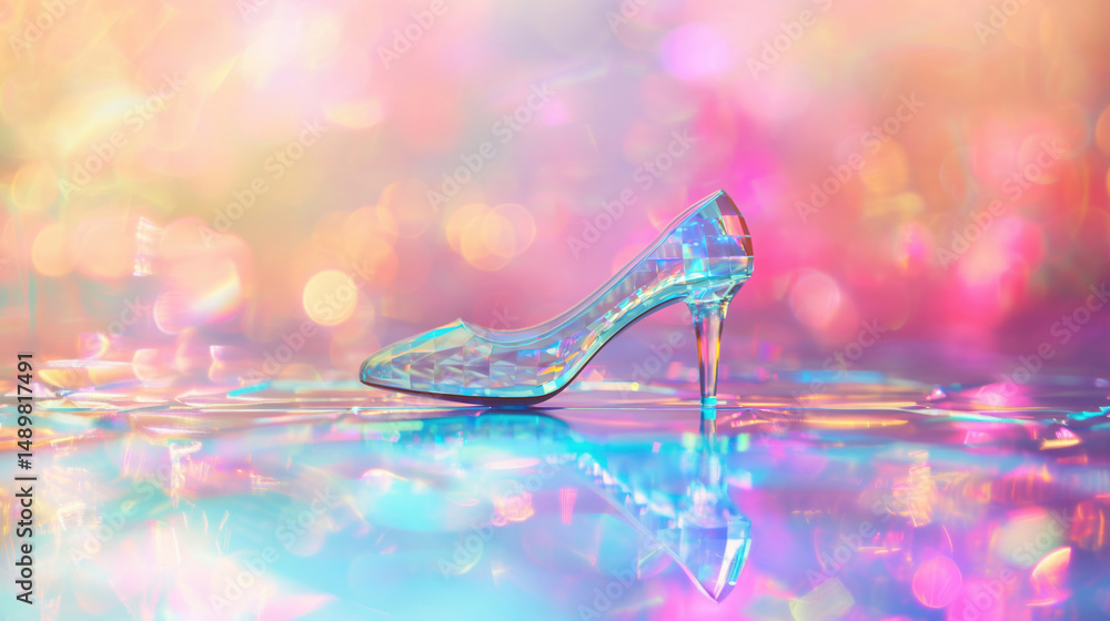 Poster iridescent crystal high heel placed on a glossy surface with multicolor soft-focus lights in the bac