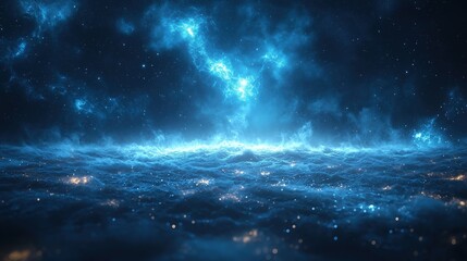 Fototapeta premium A surreal cosmic scene featuring swirling nebulae and countless stars above, mirrored by a glowing blue-white ocean below, illuminated by an unknown energy source. The deep dark blue background enhanc
