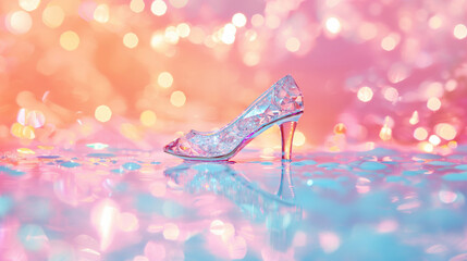 A sparkling glass slipper displayed on a reflective surface with dreamy pink and orange pastel bokeh, evoking fairytale and fantasy.