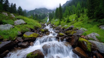 A gentle stream cascades over smooth rocks, surrounded by lush greenery and towering mountains. The mist envelops the landscape, creating a serene atmosphere in the early morning light