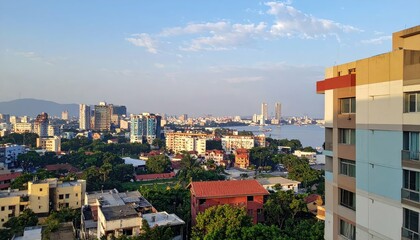 Obraz premium Colorful Cityscape View Emphasizing Urban Features and Nature