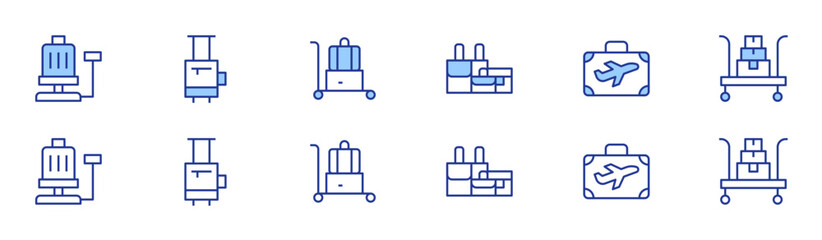 Luggage icon set in two styles, Duotone and Thin Line style. Editable stroke. scale, luggage, suitcase, luggage cart