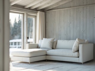 Minimalist Scandinavian Living Room with White Sofa, Wooden Walls, and Winter View