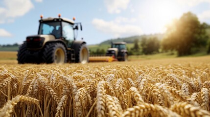 Obraz premium Two tractors are seen working in a sprawling wheat field, harvesting under a warm sunset. The landscape features rolling hills and golden crops, capturing the essence of agriculture