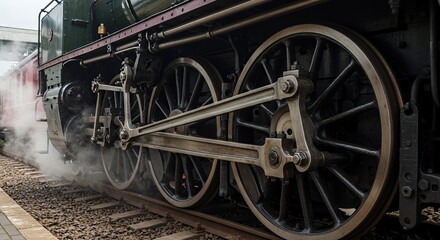 Vintage Steam Locomotive Close-Up: Majestic Wheels and Mechanical Marvel