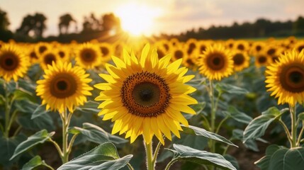 Obraz premium Golden sunflowers stand tall in a lush field as the sun sets, casting a warm glow over the landscape. This breathtaking view captures the essence of summer tranquility