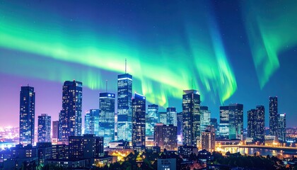 Fototapeta premium Vibrant Aurora Borealis Dances Over Cityscape at Night