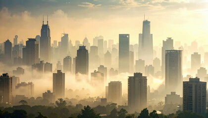 Hazy Urban Landscape with Thick Smoke and Smog Over City Skyline