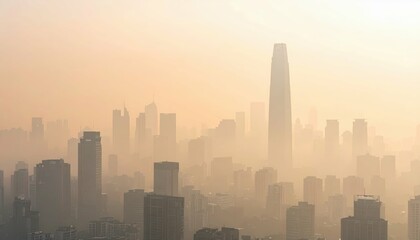 Naklejka premium Hazy Cityscape Under Pollution-filled Sky with Muted Colors